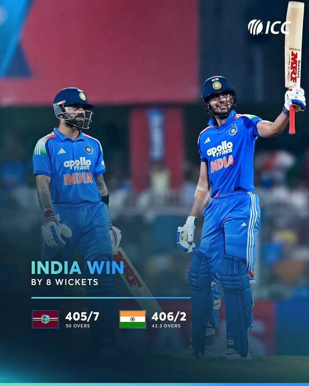 ৪০৫ রানের পাহাড় তাড়া করে ৪৩ ওভারেই, ৮ উইকেটে জয় ভারতের; ইতিহাস রচনা করলেন গিল