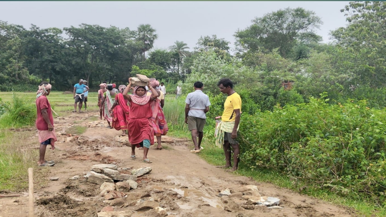 রানিবাঁধের খেড়িয়াশায় গ্রামে রাস্তা সংস্কারে নিজেরাই কাজে নেমে পড়লেন গ্রামবাসীরা